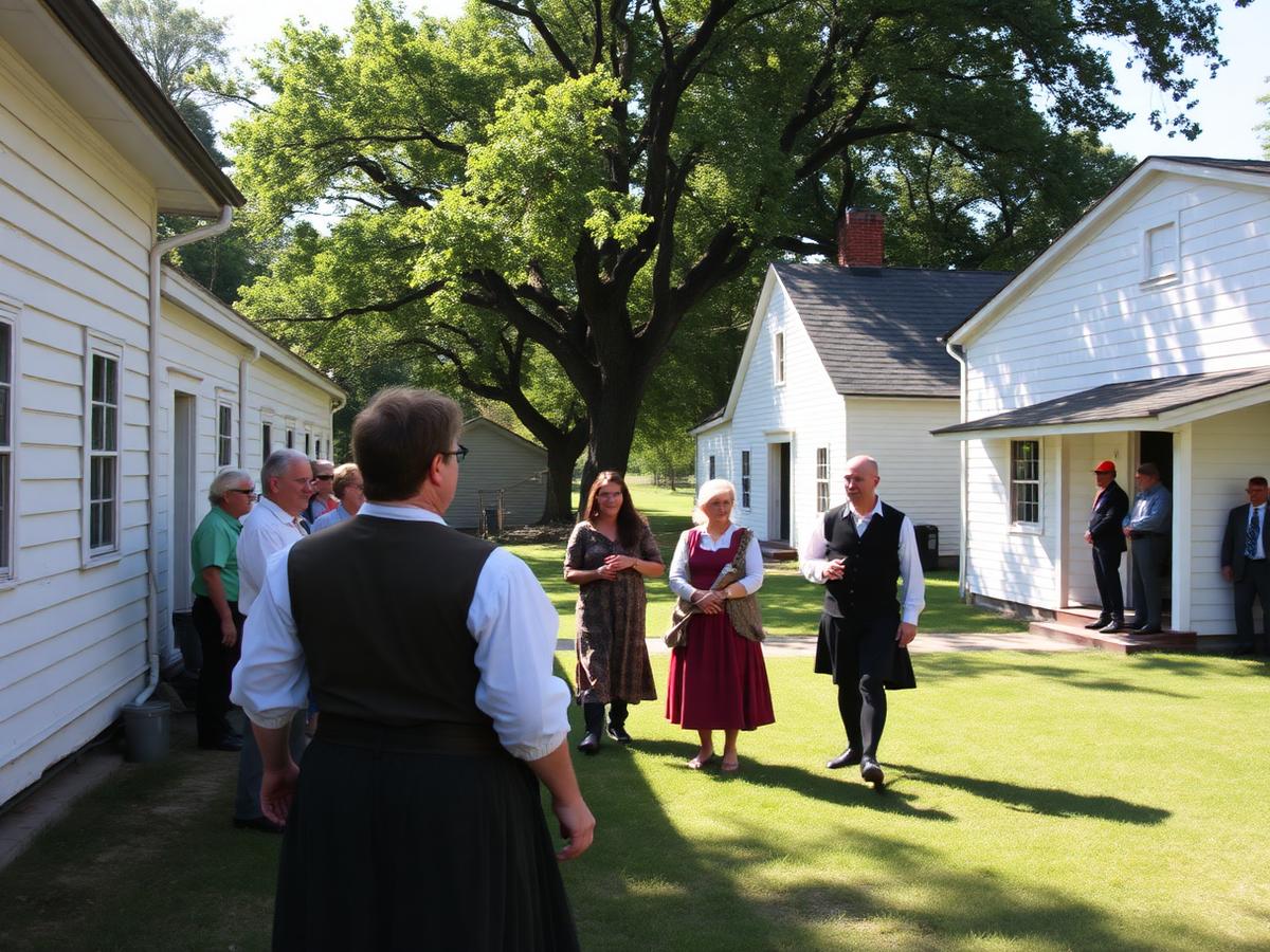 A docent in period costume leading visitors through the historical village